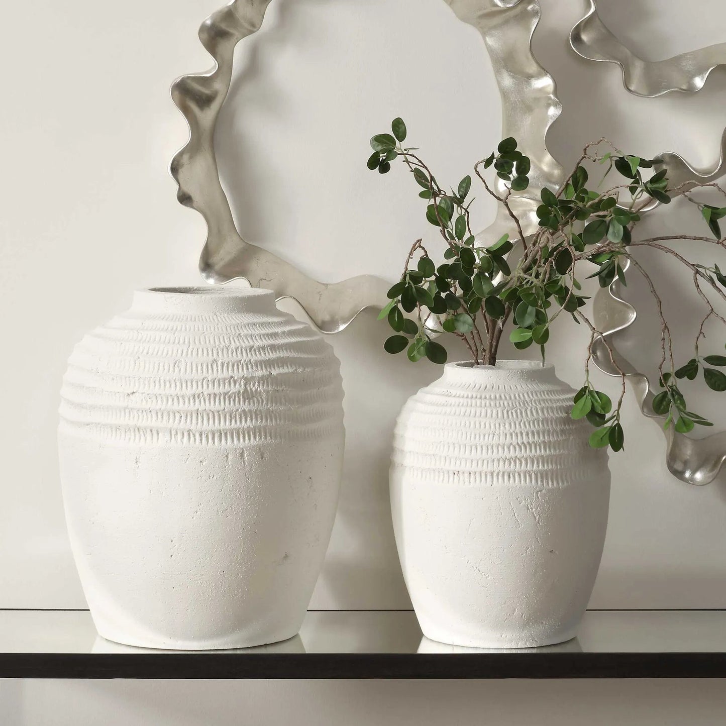 004 SI-2386604 | Lifestyle | Luna Ridge Ceramic Vases by Uttermost in white. Made from ceramic in a rustic style.