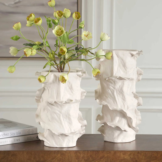 Ripple Crest Vases by Uttermost in white. Made from ceramic in a modern style.
