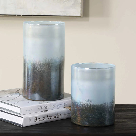 Midnight Mist Cylindrical Vases by Uttermost in deep blue, silver. Made from glass in a eclectic & global style.