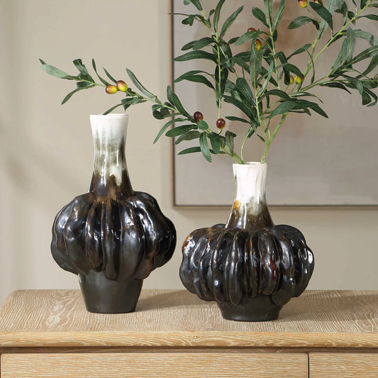 Umbrian & Gourd Vases by Uttermost in black, bronze, brown, white. Made from unique in a unique style.