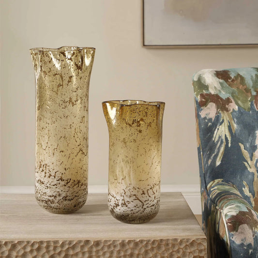 Rhine Seeded Glass Vases by Uttermost in brown. Made from glass in a unique style.
