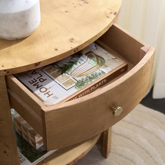 Bailey 1 Drawer 1 Shelf Accent Table by HedgeApple Essentials in natural. Made from wood, mdf, veneer, burlwood in a transitional style.