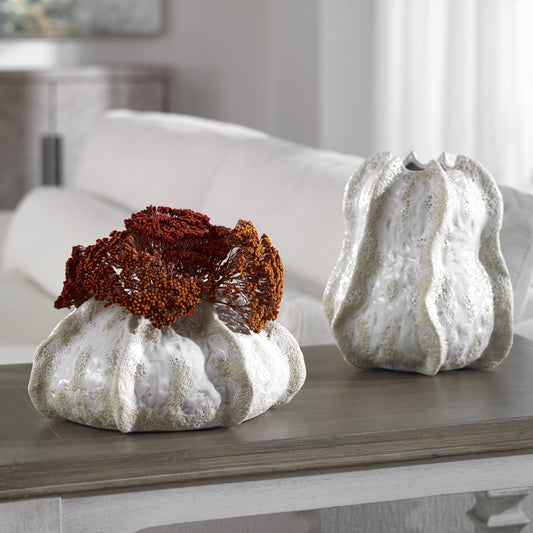 Urchin Vases by Uttermost in ivory. Made from ceramic in a coastal style.