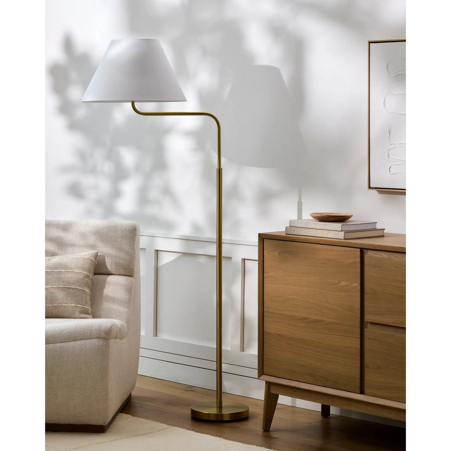 003 SI-2168582 | Lifestyle | Arcane Floor Lamp by Livabliss in body: metallic - brass, base: metallic - brass, shade: white, cord: translucent and platedplated. Made from iron, cotton, polystyrene in a modern style.