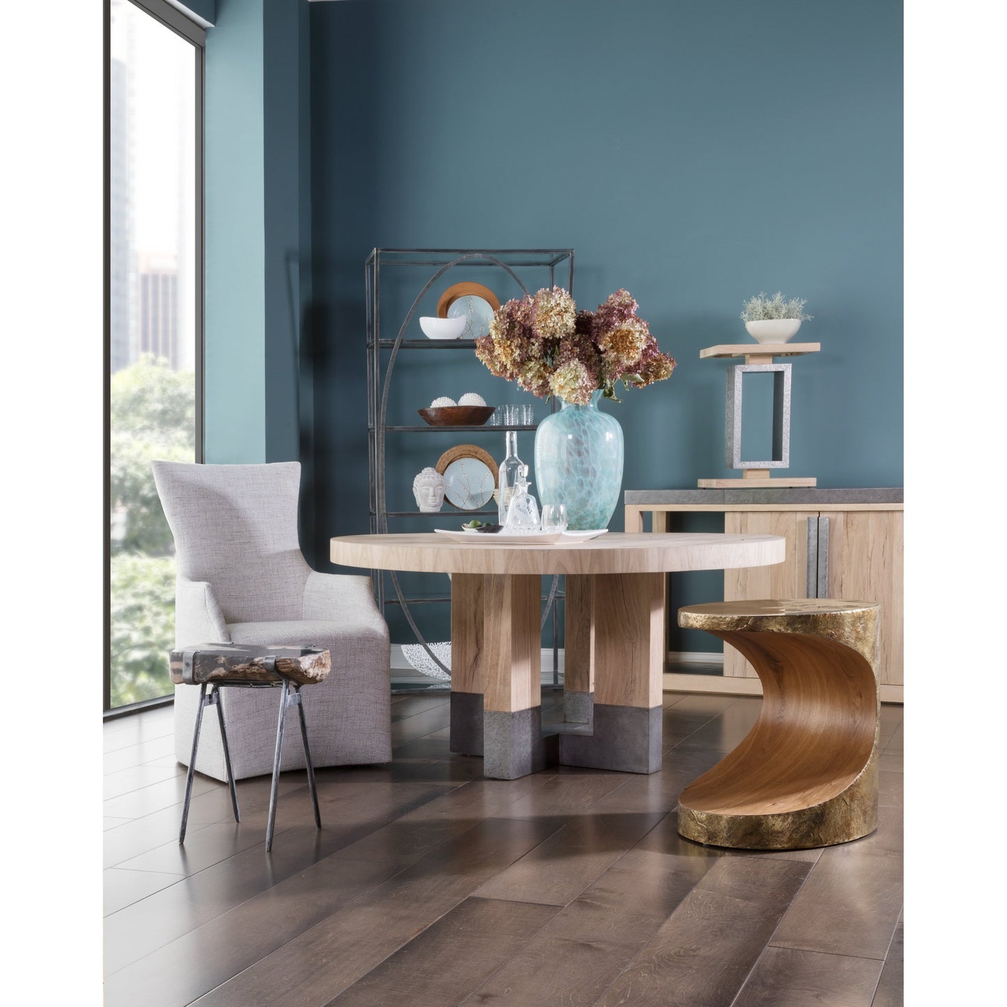 005 SI-1770644 | Lifestyle | Verite Round Dining Table by Artistica Home in natural, antiqued gun metal. Made from unique in a modern style.