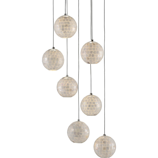 Finhorn 7-Light Round Multi-Drop Pendant by Currey and Company in painted silver, pearl. Made from metal, mother of pearl in a modern style.