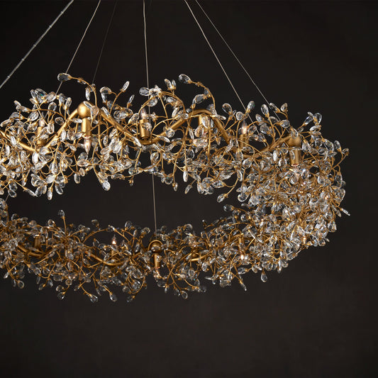Crystal Bud Ring Chandelier by Currey and Company in clear, brass. Made from crystal, wrought iron in a modern style.