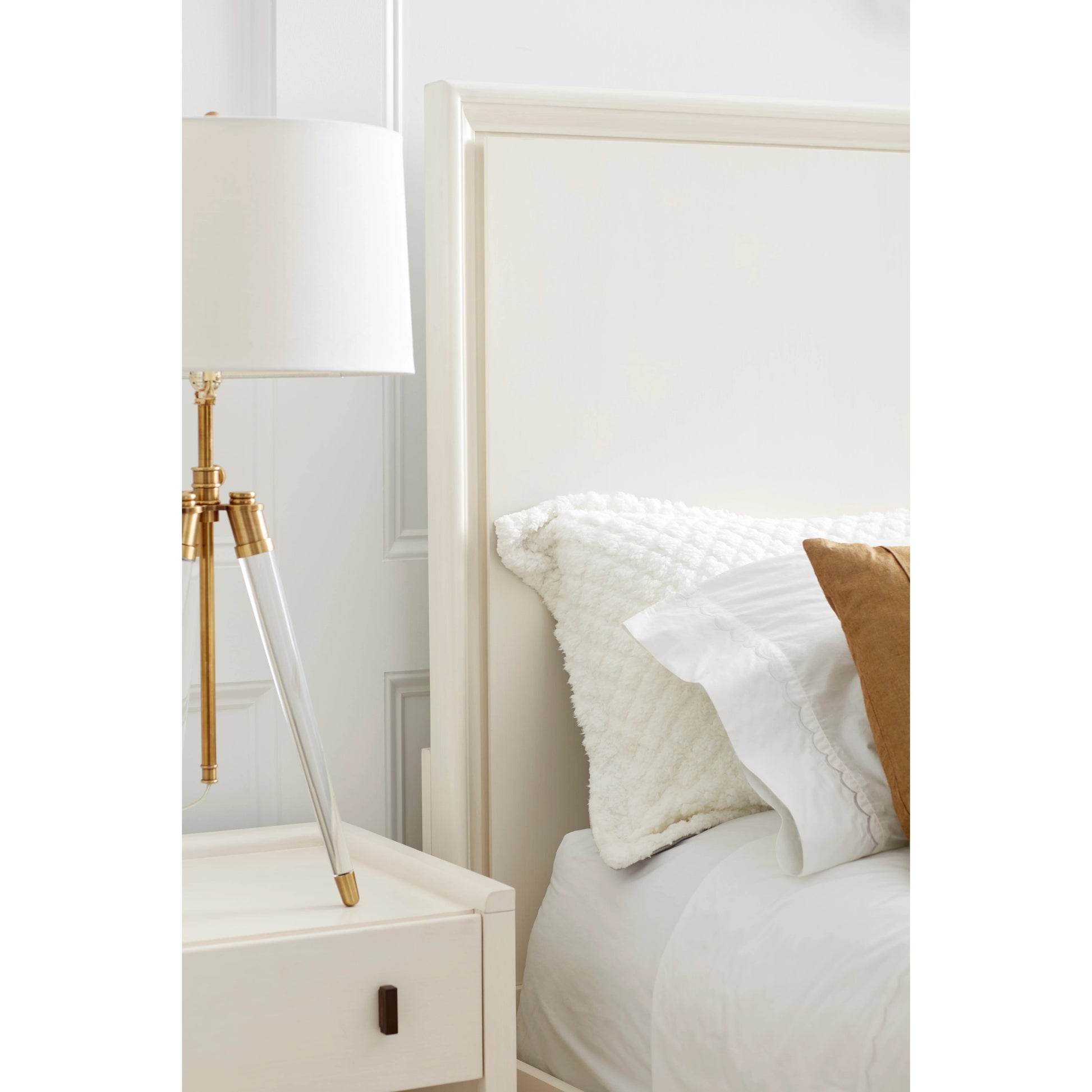 Blanc Panel Bed by A.R.T. Furniture in alabaster, burnished bronze. Made from parawood solids, maple veneers, metal in a modern style.