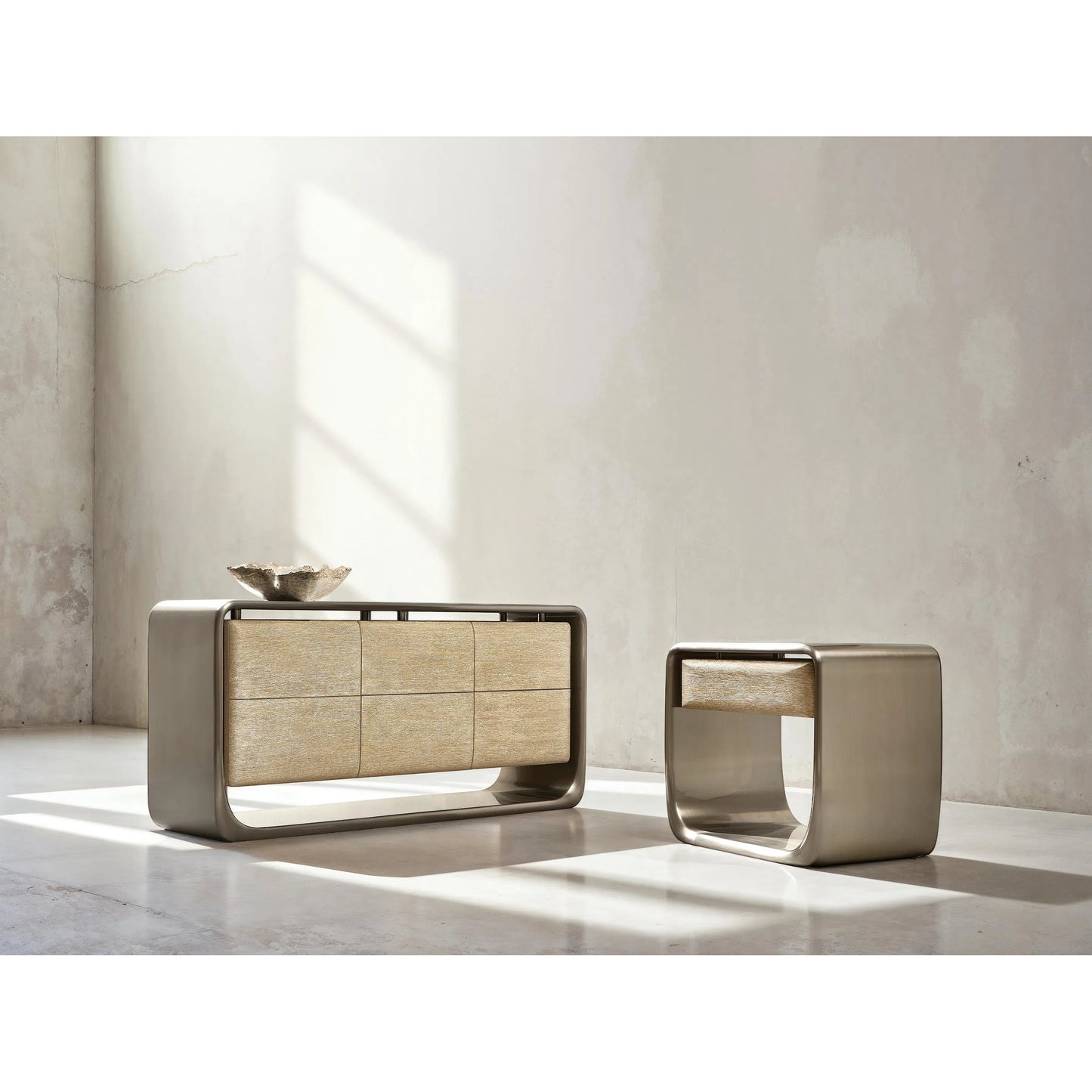007 SI-2513397 | Lifestyle | Lomond Nightstand by Bernhardt in tarnished nickel, trevin. Made from metal, wood in a modern style.