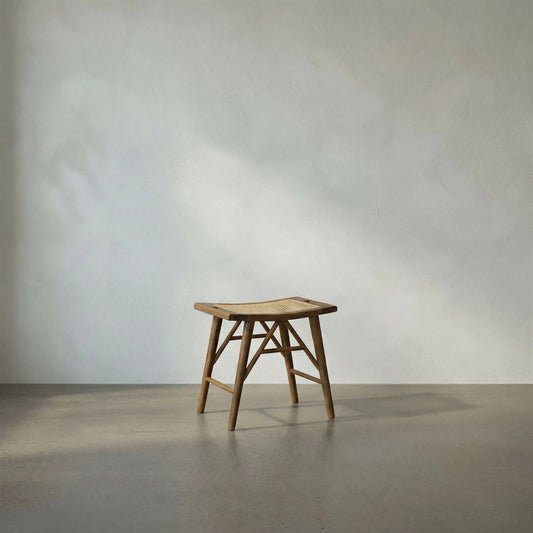 Murphy Stool by Noir in clear coat flat teak. Made from teak and caning in a cottage & farmhouse style.