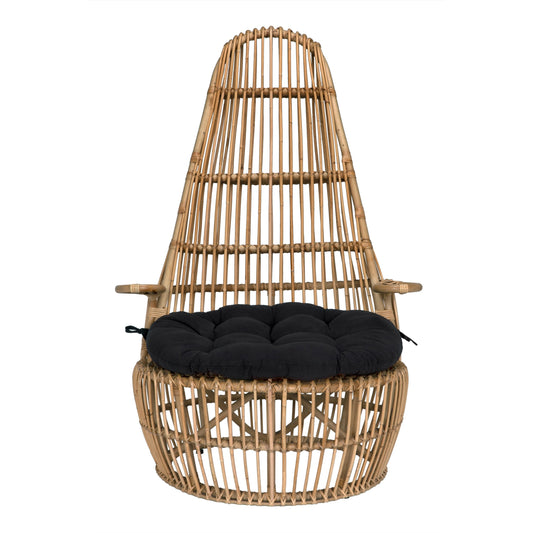 Clementine Chair by Noir in clear coat flat. Made from rattan and black cotton in a cottage & farmhouse style.
