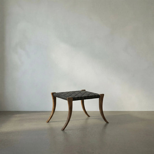 Sparti Stool by Noir in clear coat flat. Made from teak and black leather in a modern style.