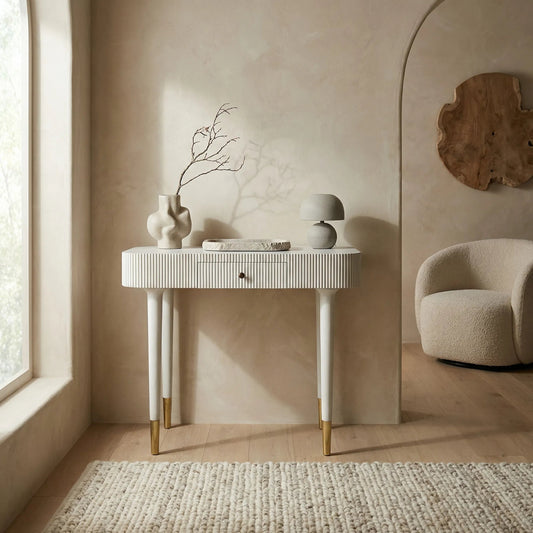 Celine Desk/Side Table by Noir in white wash. Made from mahogany, veneer with brass pulls in a modern style.
