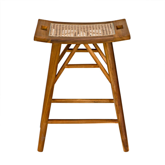 Murphy Counter Stool by Noir in clear coat flat. Made from teak and caning in a cottage & farmhouse style.