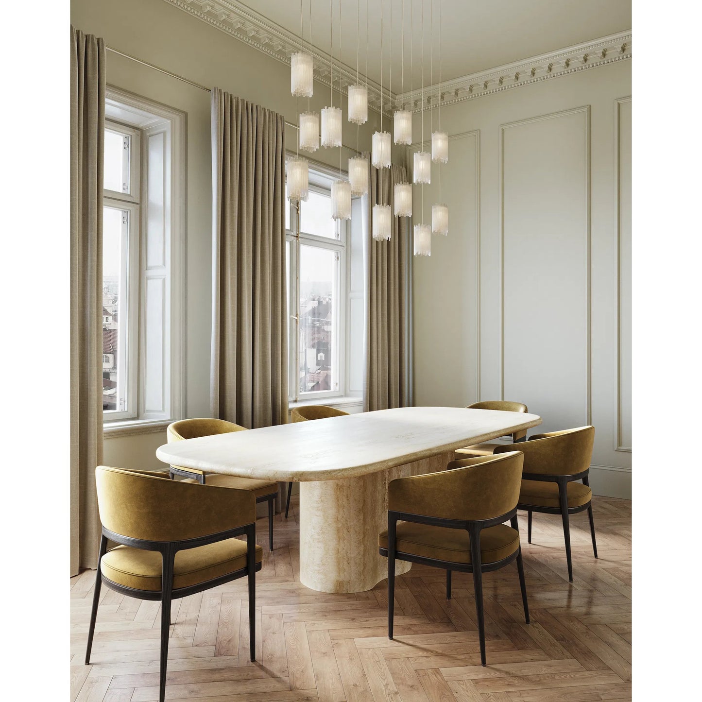 005 SI-1894291 | Lifestyle | Escenia 3-Light Multi-Drop Pendant by Currey and Company in natural selenite, silver. Made from selenite, frosted glass in a transitional style.