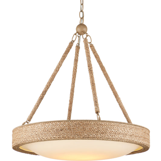 Hopscotch Chandelier by Currey and Company in natural, frosted white, beige, sugar white. Made from abaca rope, glass, wrought iron in a cottage & farmhouse style.