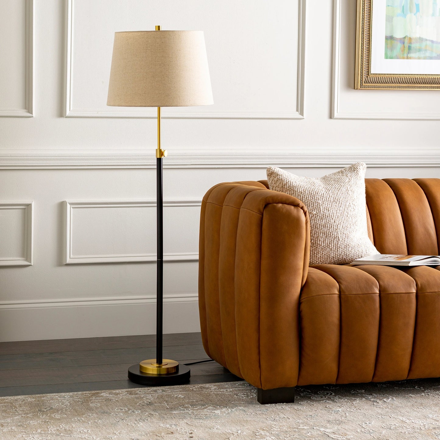 001 SI-1915819 | Lifestyle | Aberdeen Floor Lamp by Surya in gold, cream, black, white, metallic brass and polishedpolishedpaintedpolished. Made from shade (outside): linen, shade (inside): polyester, body: metal, base: metal, finial: iron, finial: metal,