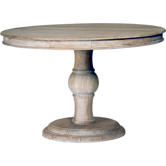 Addie Hand Carved Pedestal Dining Table by Arch & Plane in light grey. Made from mango wood in a modern style.
