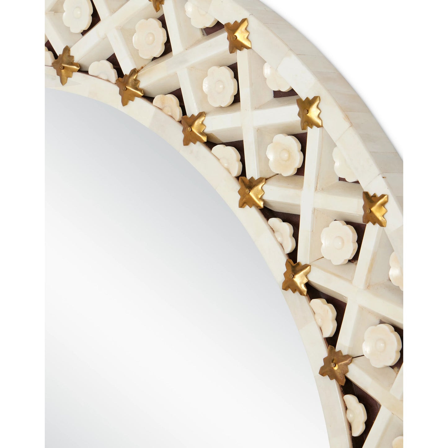 008 SI-2007737 | Additional Silo | Ellaria Round Mirror by Currey and Company in natural, brass. Made from bone, brass, glass, engineered wood in a modern style.
