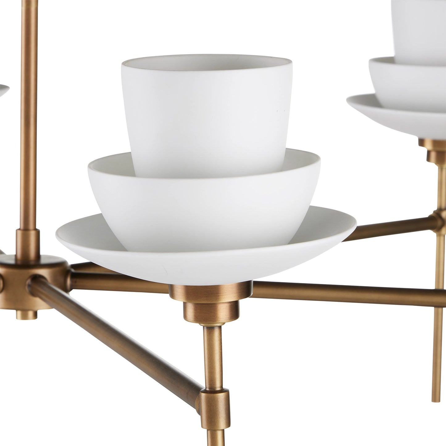 004 SI-2133923 | Closeup | Etiquette Chandelier by Currey and Company in antique brass, white. Made from metal, bone china in a modern style.