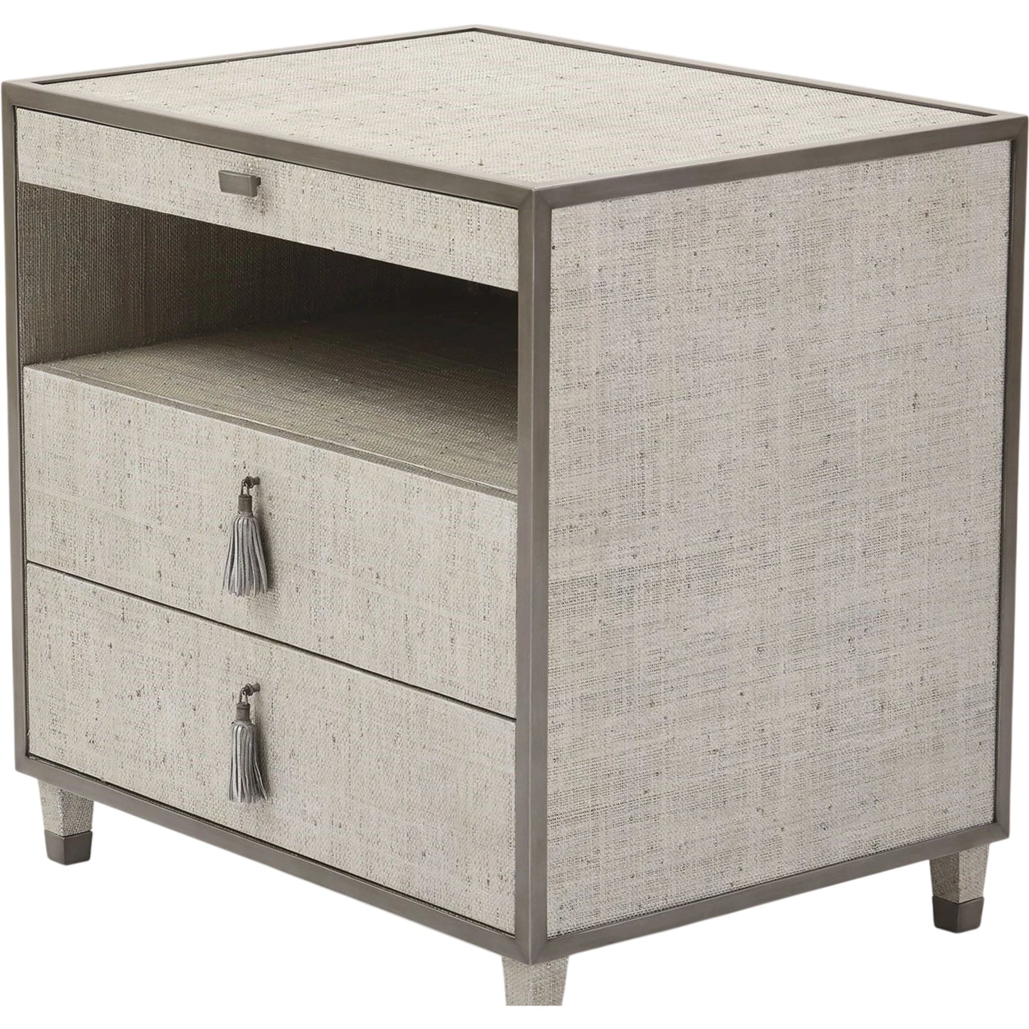 001 SR-700748 | Primary Silo | Argento Bedside Chest by Global Views in pewter. Made from acacia, beech, mdf, poplar, raffia, steel in a transitional style.