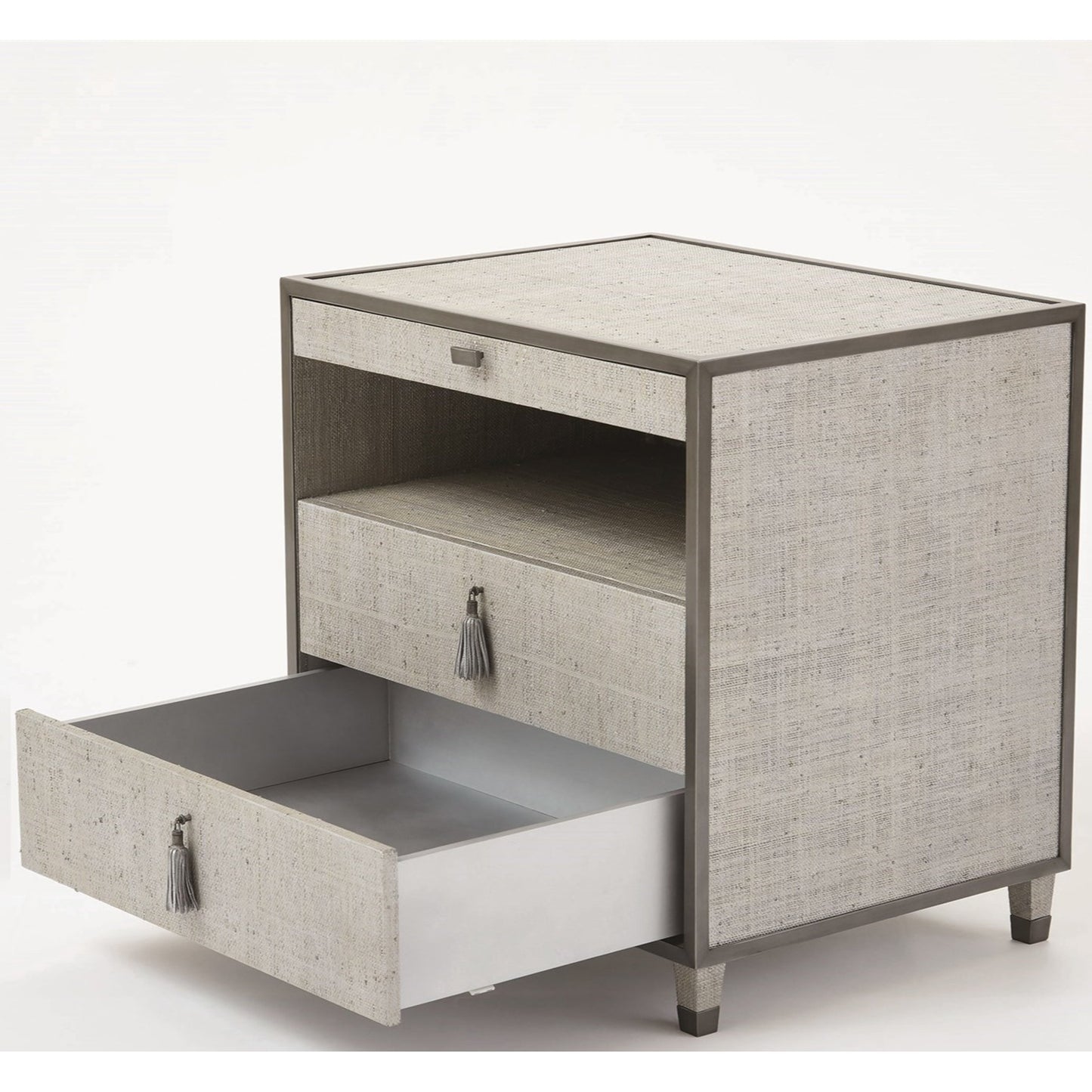 002 SR-700748 | Additional Silo | Argento Bedside Chest by Global Views in pewter. Made from acacia, beech, mdf, poplar, raffia, steel in a transitional style.