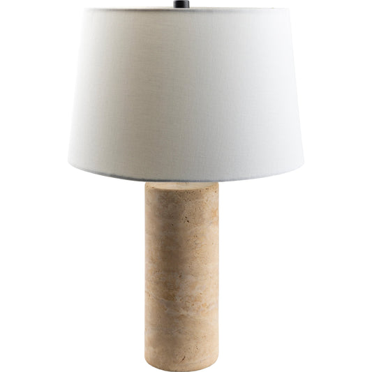 Agate Lamp - 499293 by Livabliss in beige. Made from body: travertine, shade (outside): linen, shade (inside): polystyrene, finial: metal in a modern style.