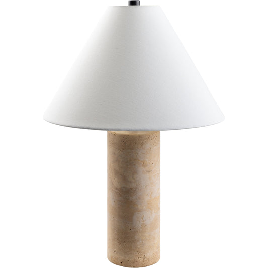 001 SI-2132236 | Primary Silo | Agate Lamp - 499305 by Surya in white, beige, black, metallic gold. Made from body: travertine, shade (outside): linen, shade (inside): polystyrene, finial: metal in a modern style.