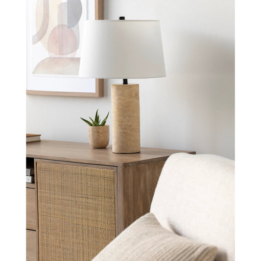 Agate Lamp - 499293 by Livabliss in beige. Made from body: travertine, shade (outside): linen, shade (inside): polystyrene, finial: metal in a modern style.