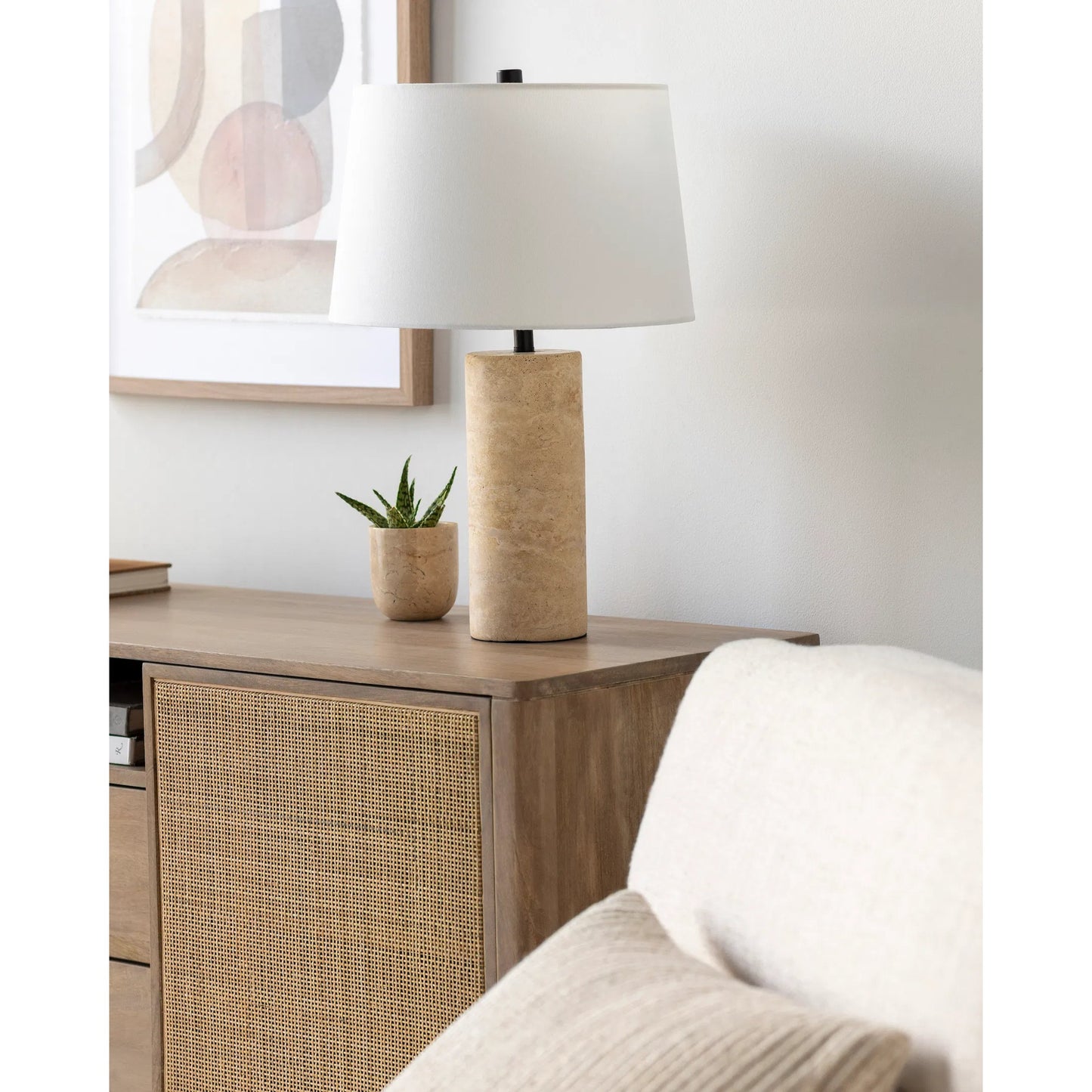 003 SI-2132232 | Lifestyle | Agate Lamp - 499293 by Livabliss in beige. Made from body: travertine, shade (outside): linen, shade (inside): polystyrene, finial: metal in a modern style.