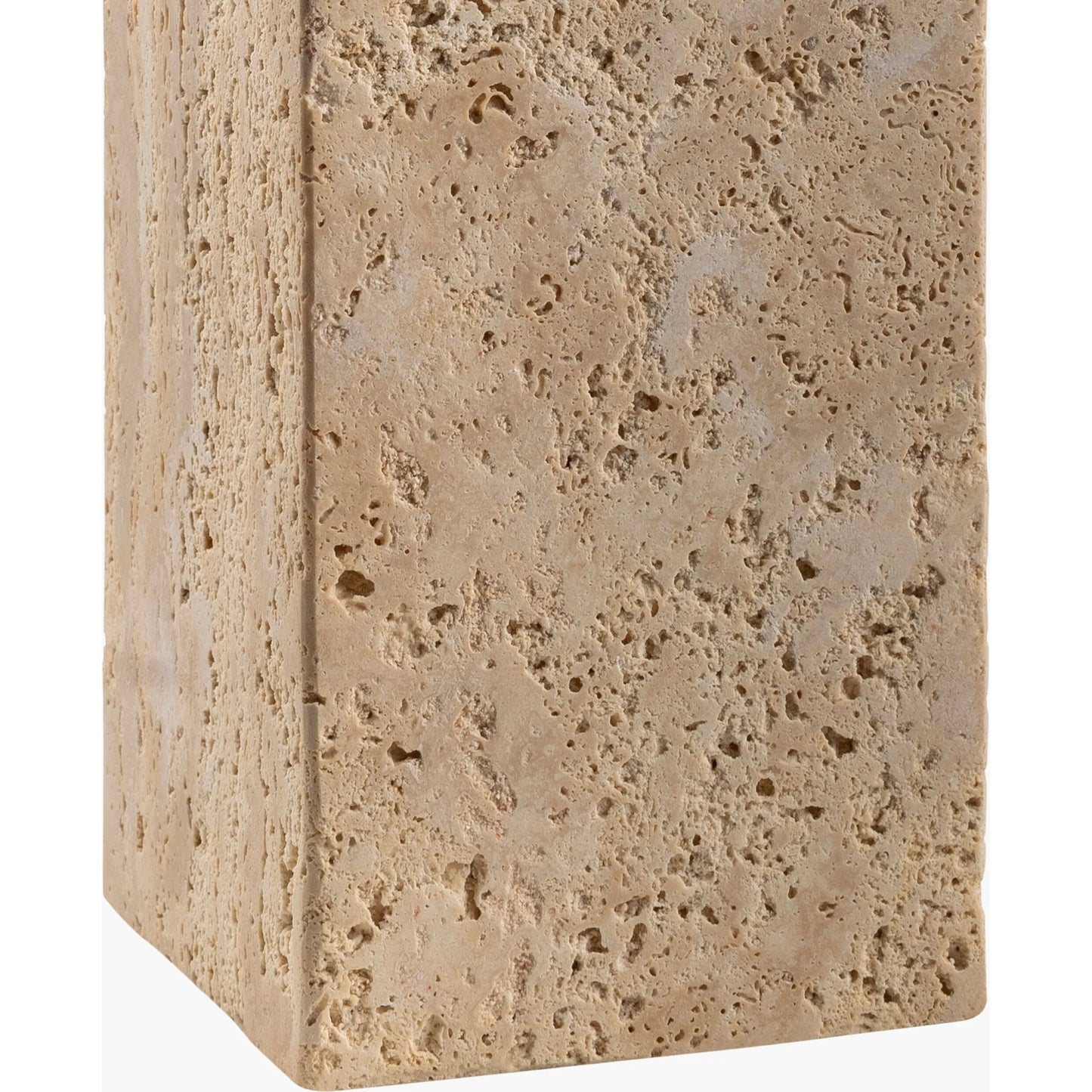 002 SI-2132233 | Closeup | Agate Lamp - 499296 by Surya in beige. Made from body: travertine, shade (outside): linen, shade (inside): polystyrene, finial: metal in a modern style.