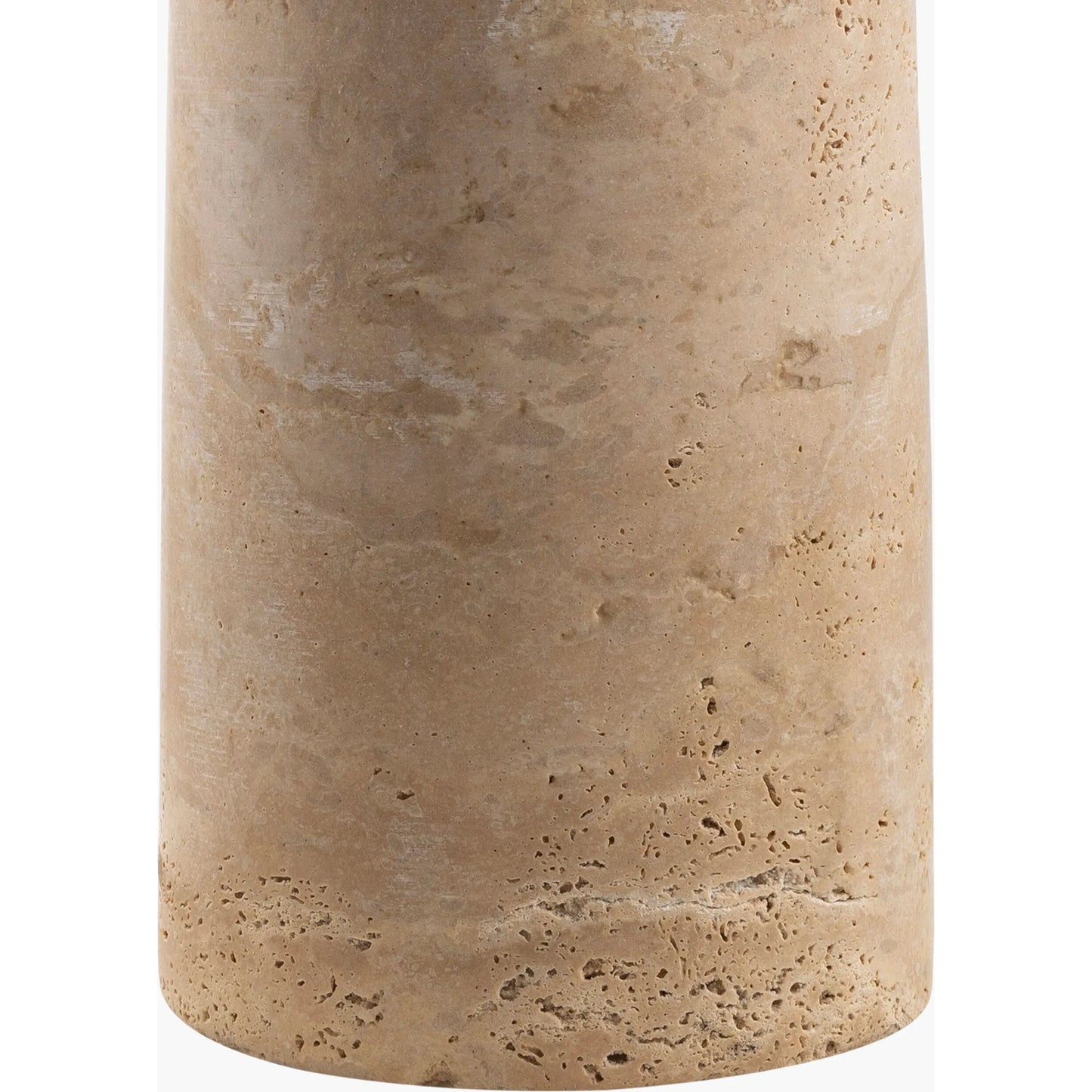 002 SI-2132235 | Closeup | Agate Lamp - 499302 by Surya in beige. Made from body: travertine, shade (outside): linen, shade (inside): polystyrene, finial: metal in a modern style.