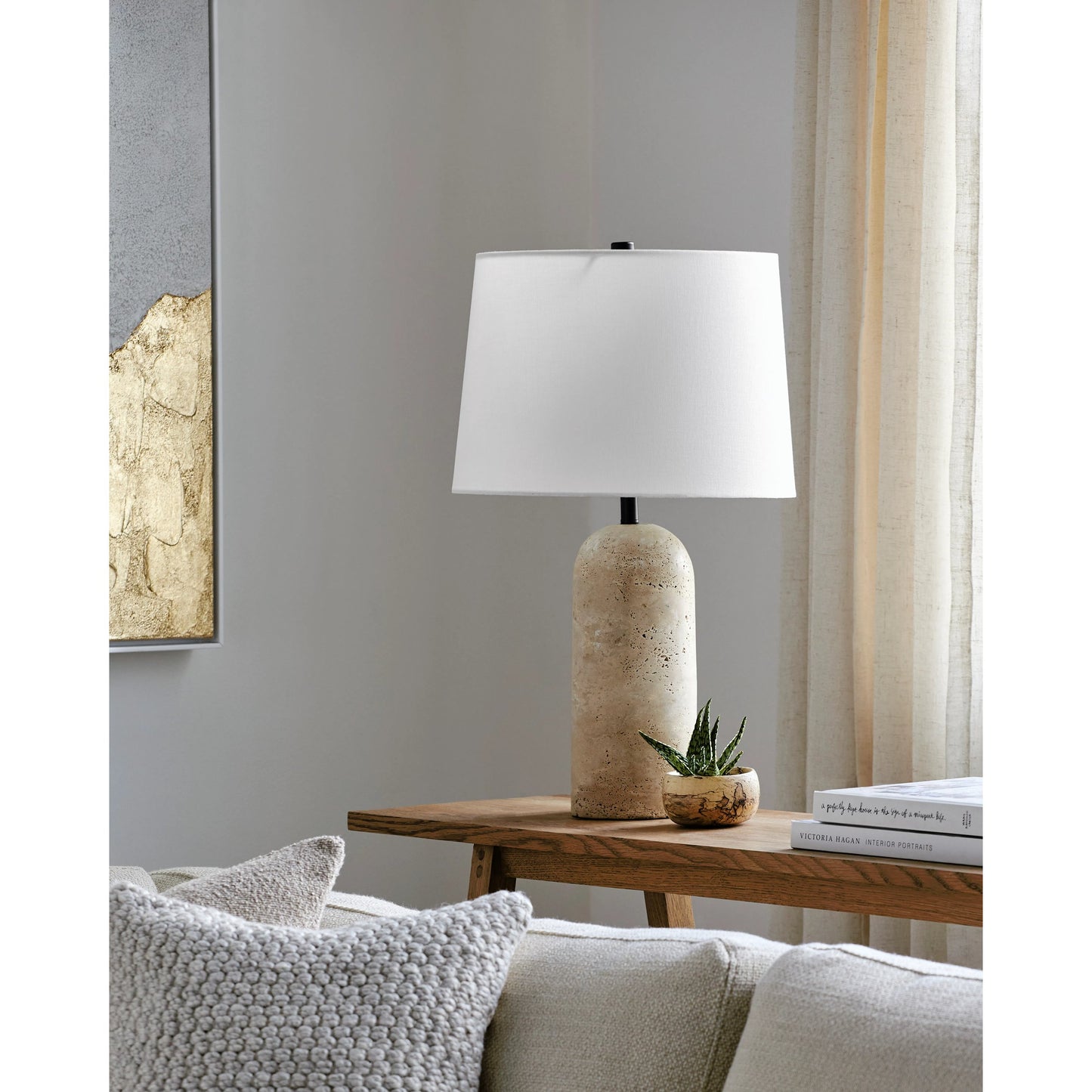 003 SI-2132235 | Lifestyle | Agate Lamp - 499302 by Surya in white, beige, black, metallic gold. Made from body: travertine, shade (outside): linen, shade (inside): polystyrene, finial: metal in a modern style.