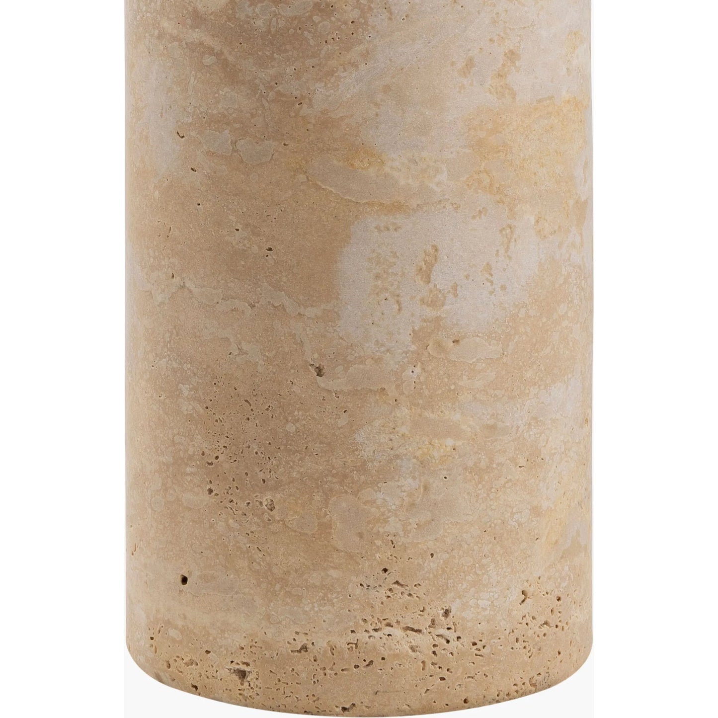 002 SI-2132236 | Closeup | Agate Lamp - 499305 by Surya in beige. Made from body: travertine, shade (outside): linen, shade (inside): polystyrene, finial: metal in a modern style.