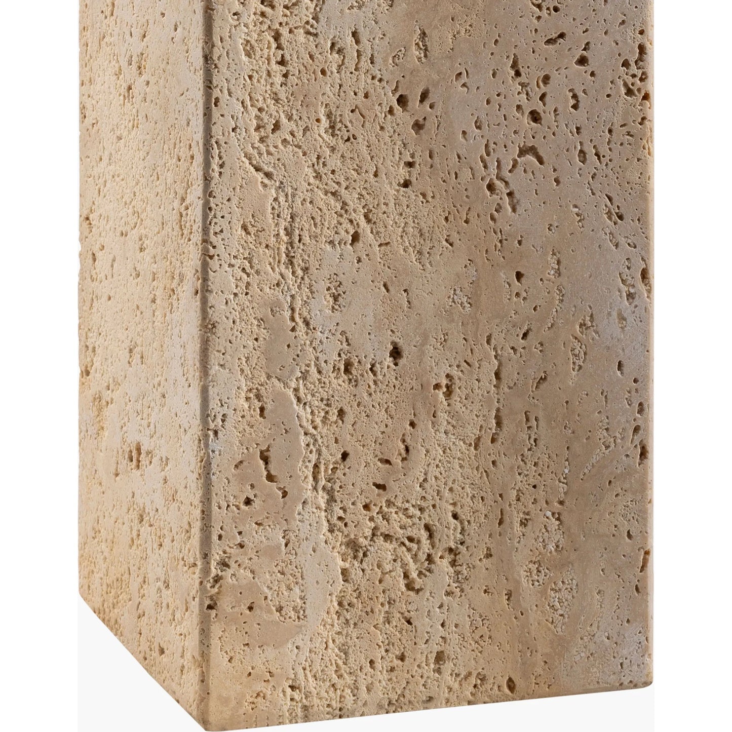 002 SI-2132237 | Closeup | Agate Lamp - 499308 by Surya in beige. Made from body: travertine, shade (outside): linen, shade (inside): polystyrene, finial: metal in a modern style.
