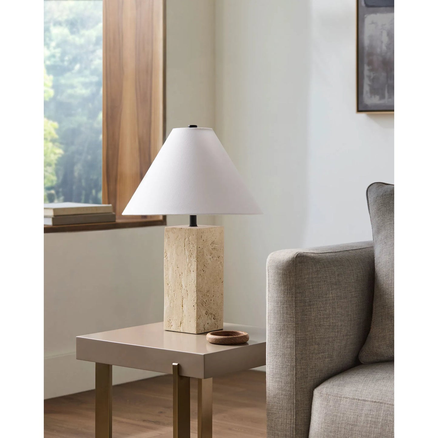 003 SI-2132237 | Lifestyle | Agate Lamp - 499308 by Surya in white, beige, black, metallic gold. Made from body: travertine, shade (outside): linen, shade (inside): polystyrene, finial: metal in a modern style.