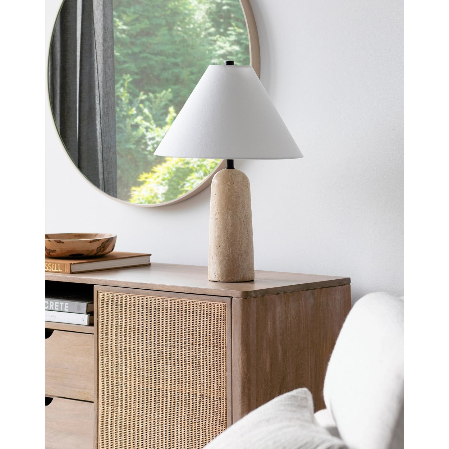 003 SI-2132238 | Lifestyle | Agate Lamp - 499311 by Surya in white, beige, black, metallic gold. Made from body: travertine, shade (outside): linen, shade (inside): polystyrene, finial: metal in a modern style.