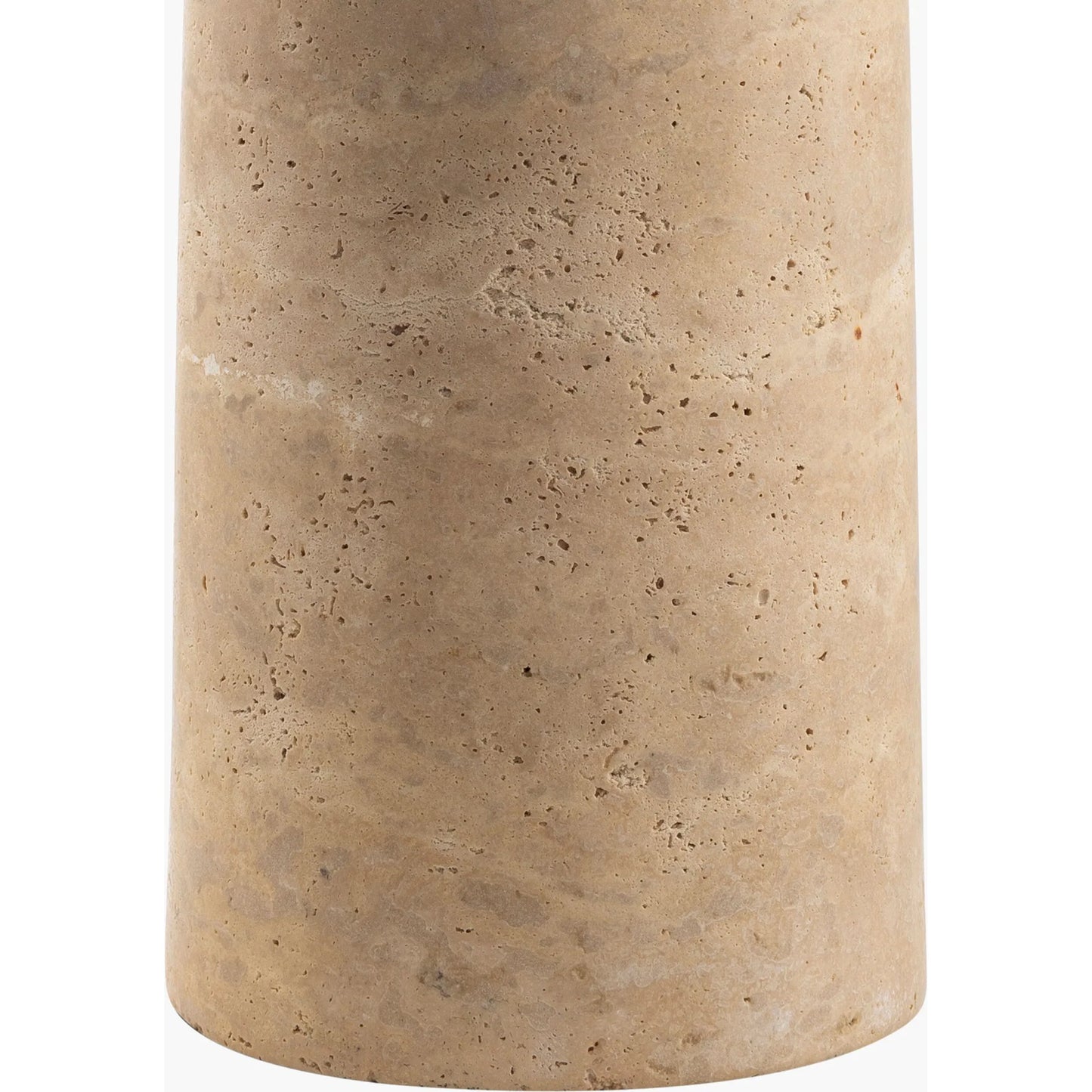 002 SI-2132239 | Closeup | Agate Lamp - 499314 by Surya in beige. Made from body: travertine, shade (outside): linen, shade (inside): polystyrene, finial: metal in a modern style.