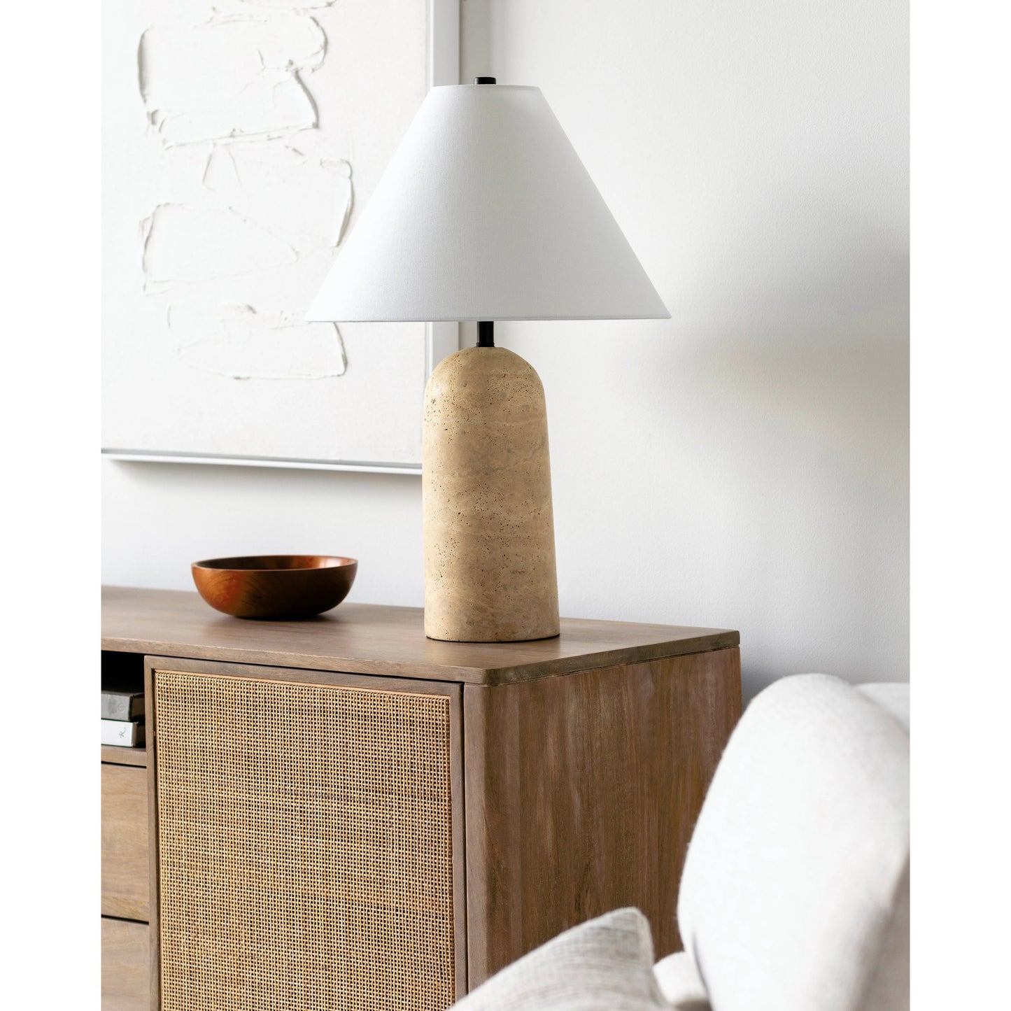 003 SI-2132239 | Lifestyle | Agate Lamp - 499314 by Surya in white, beige, black, metallic gold. Made from body: travertine, shade (outside): linen, shade (inside): polystyrene, finial: metal in a modern style.