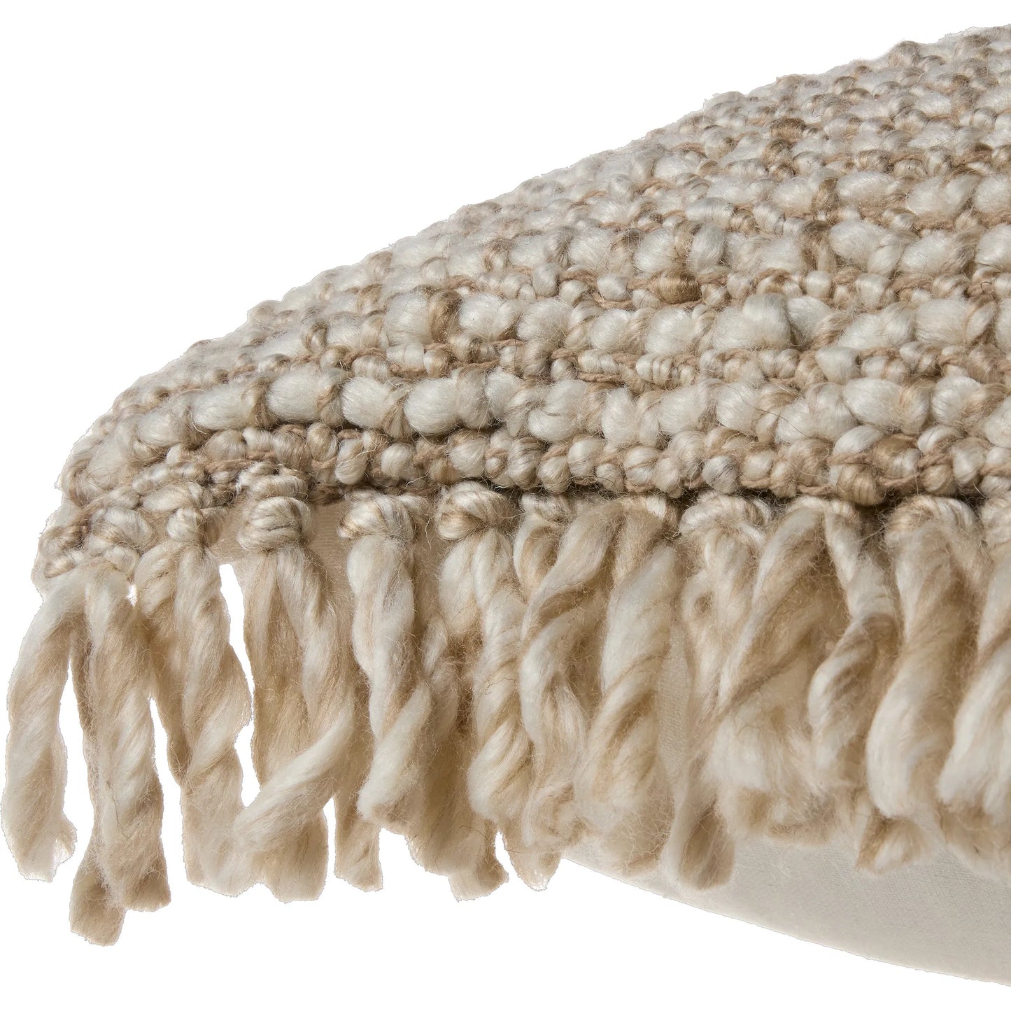 002 SI-2354166,SI-2354167,SI-2354170 | Closeup | Angora AGO21 Pillow by Jaipur Living in tan. Made from 60% pet yarn 40% wool in a unique style.