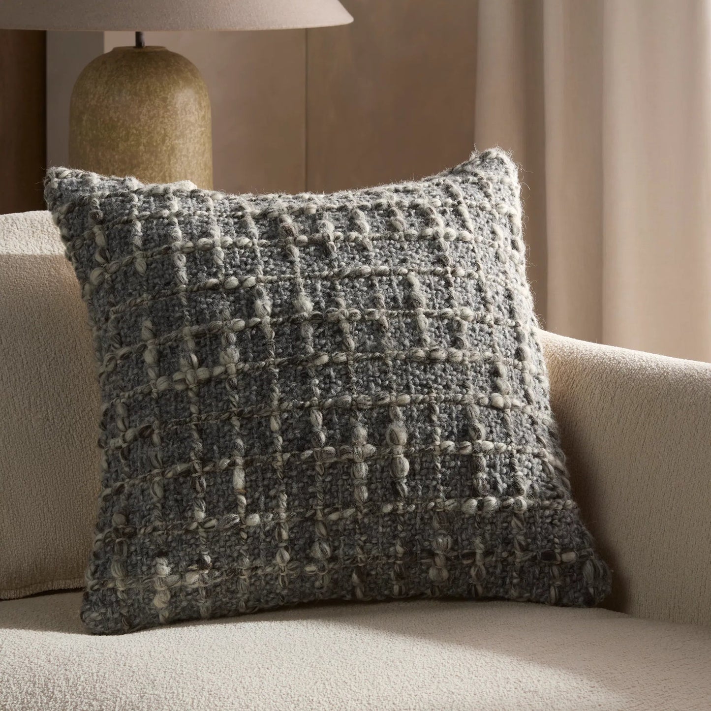 004 SI-2354158,SI-2354159,SI-2354160 | Lifestyle | Angora AGO23 Pillow by Jaipur Living in gray. Made from 100% wool in a unique style.