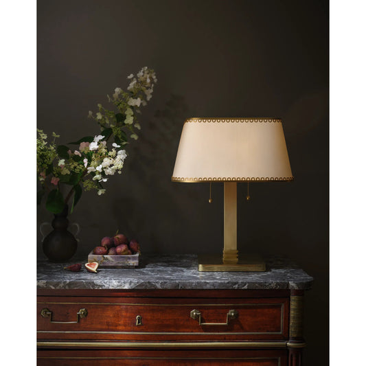 Claude Table Lamp by Hudson Valley in aged brass. Made from unique in a transitional style.