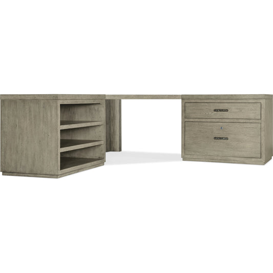 001 SI-1900741 | Primary Silo | Linville Falls Corner Desk with Open and Lateral File by Hooker Furniture in mink, antique pewter. Made from oak veneers in a modern style.