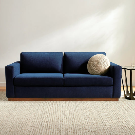Amherst Sofa by Surya in blue, brown and wood finish. Made from polyester, pine, polyurethane foam, dacron in a modern style.