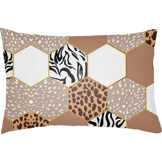 Animal Hexigon Pillow - 19679 by Livabliss in white, brown, black, metallic gold, tan. Made from front: 100% polyester, back: 100% polyester, fill: polyester, polyfill in a modern style.