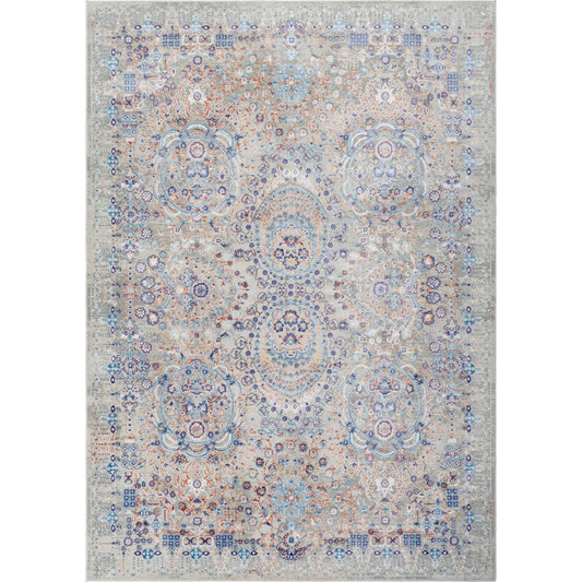 Aisha Rug - 25210 by Livabliss in burnt orange, wheat, dark purple, blue, gray. Made from 70% viscose, 30% polyester in a unique style.