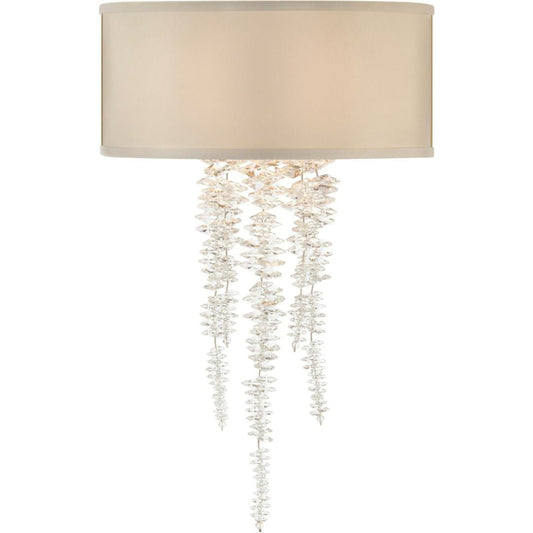 Cascading Crystal Waterfall One-Light Sconce by John-Richard in silver, white. Made from crystal in a modern style.