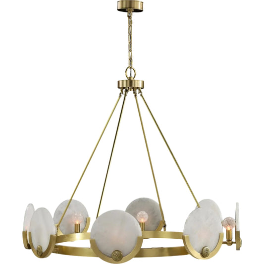 Astralis Eight-Light Chandelier by John-Richard in brass, white and brushed brass. Made from brass, alabaster stone in a traditional style.