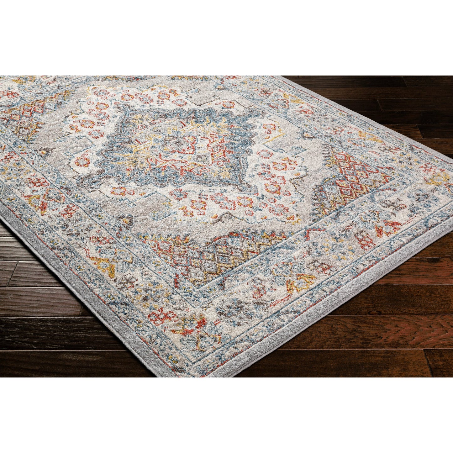 002 SI-2167436,SI-2167437 | Closeup | Ankara Rug by Livabliss in gray, taupe, ice blue, dark blue, cream, rust. Made from polypropylene in a unique style.