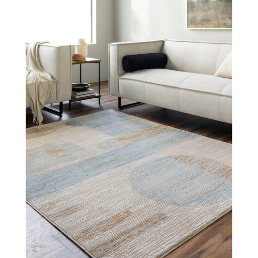 Allegro Rug - 500851 by Livabliss in tan, light beige, blue, ivory, mustard. Made from face: 80% polyester, 20% polypropylene, warp: 100% jute in a unique style.